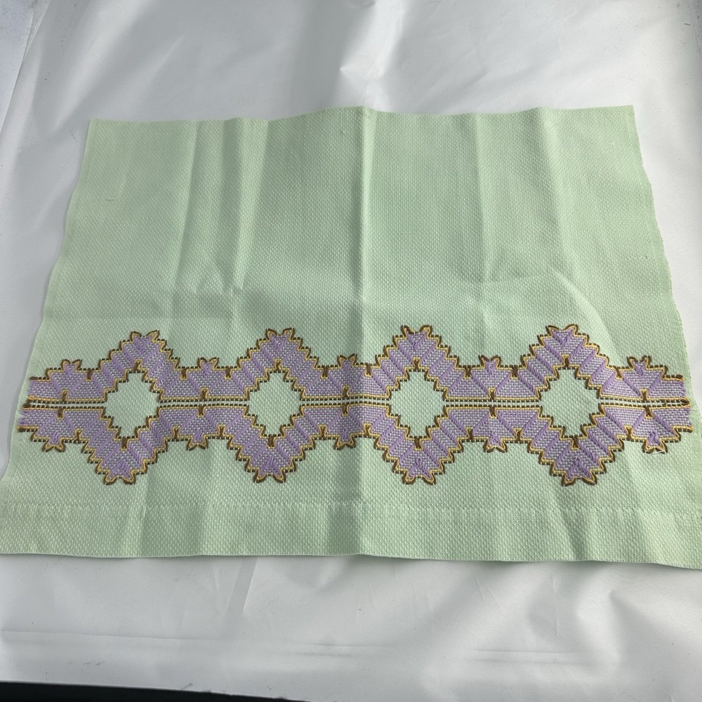 Embroidered Vintage Tea Towel Linen Lime & Purple 17 X 26